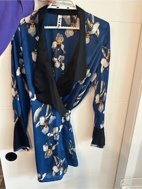 Rat & Boa Blue Floral Satin Wrap Dress with Black Trim